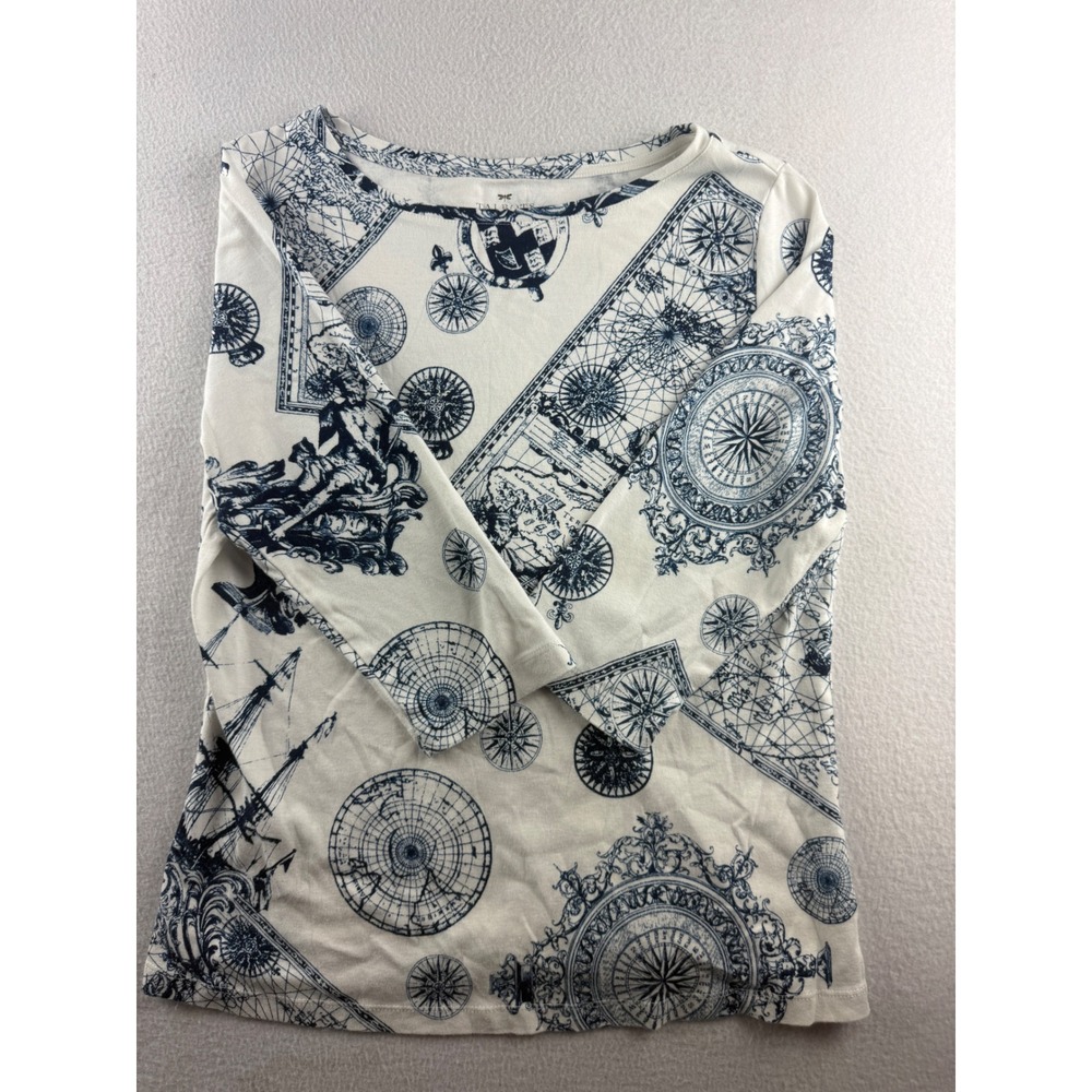 Talbots Womens White Navy Blue Nautical Map Compass Print Cotton Tee Top L
